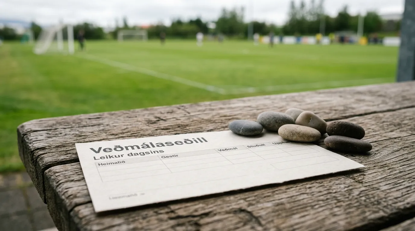 Veðmálaseðill og nokkrir smásteinar liggja á tréborði við hliðina á grænum fótboltavelli í bakgrunni