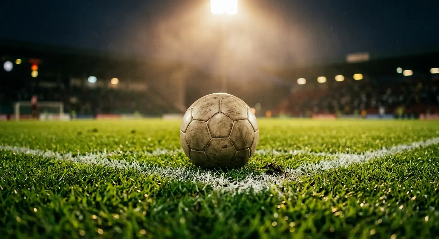 Fótbolti á vítapunkti á grænum velli, flóðljós baklýsa grasið í röku hitabeltiskvöldi