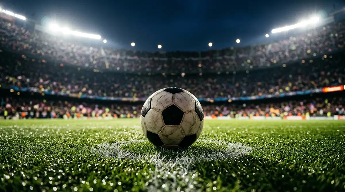Fótbolti á vítapunkti í flóðljósum, blaut grös baklýst fyrir úrslitaleik