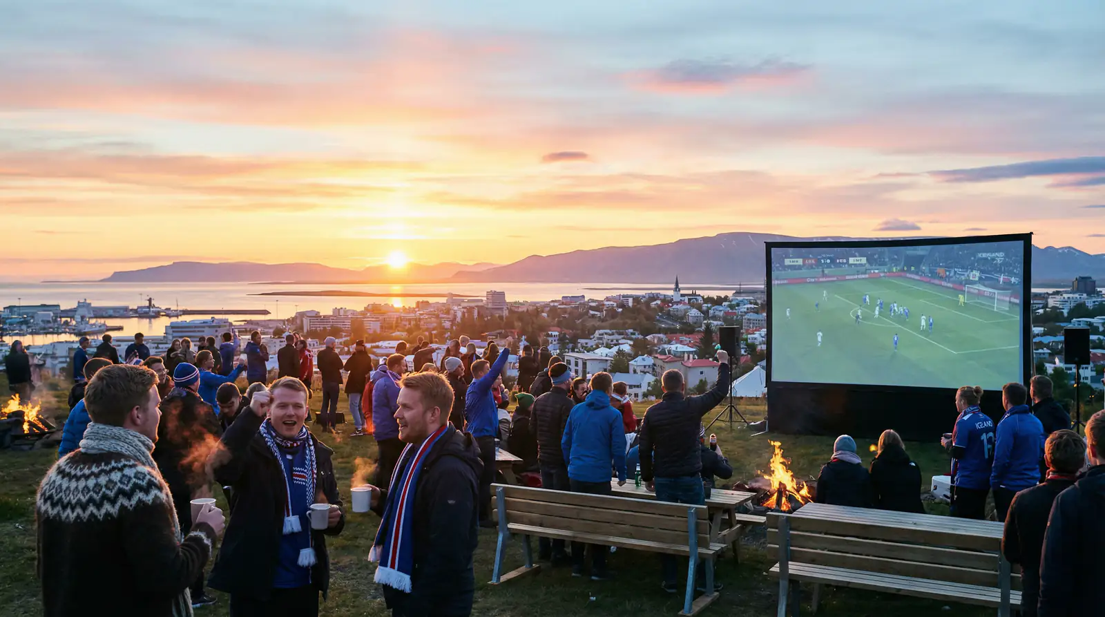 Kvöldmynd af Reykjavík á bjartri sumarnóttu þar sem knattspyrnuáhorfendur horfa á leik