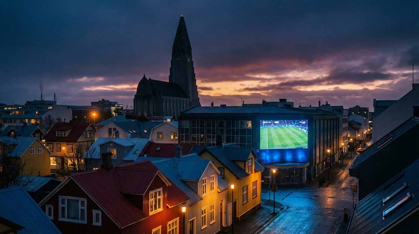 Íslenskt borgarlandslag með Hallgrimskirkju og knattspyrnutengd veðmálaumræða